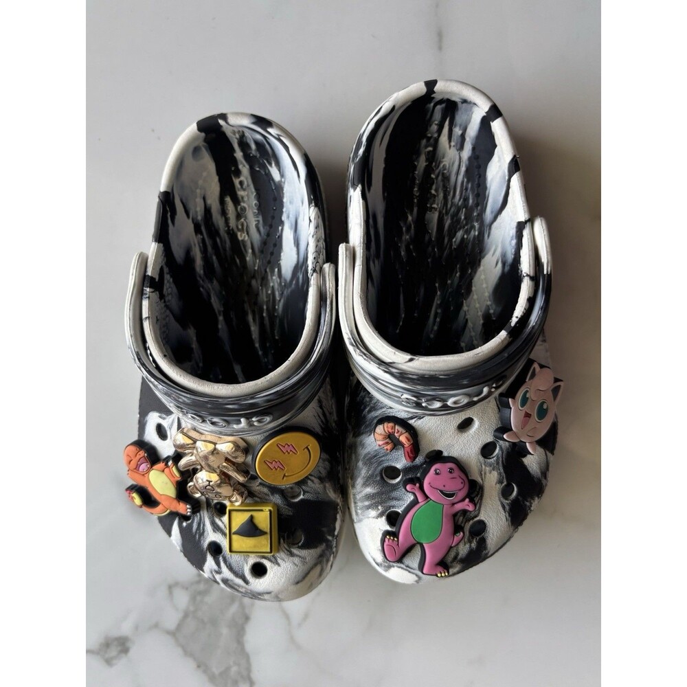 Crocs Kids Classic Marbled Clogs Size C10 Black White With Charms Pokémon Barney - Picture 6 of 7